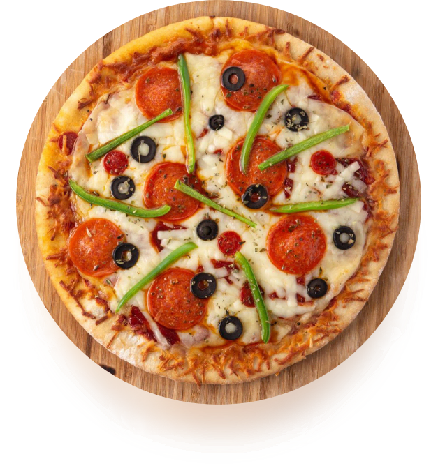 A pizza with pepperoni, green peppers, black olives, and cheese on a wooden board, reminiscent of a taste adventure in Edinburgh.