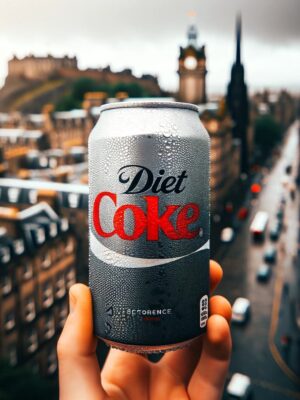 A hand holding a can of Diet Coke with condensation, with the iconic Edinburgh skyline in the backdrop, depicting a modern refreshment in a historic city