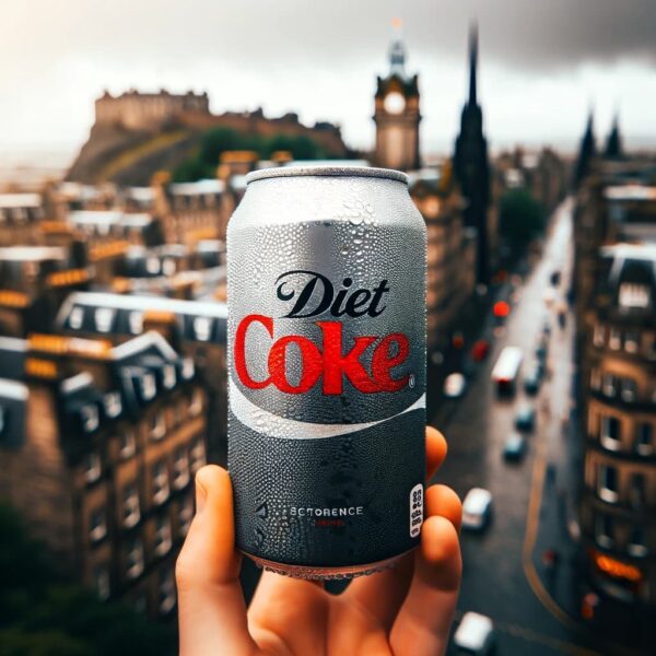 A hand holding a can of Diet Coke with condensation, with the iconic Edinburgh skyline in the backdrop, depicting a modern refreshment in a historic city