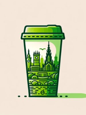 A paper cup of Matcha with a delicate dusting of green tea powder, set against the historic and picturesque cityscape of Edinburgh