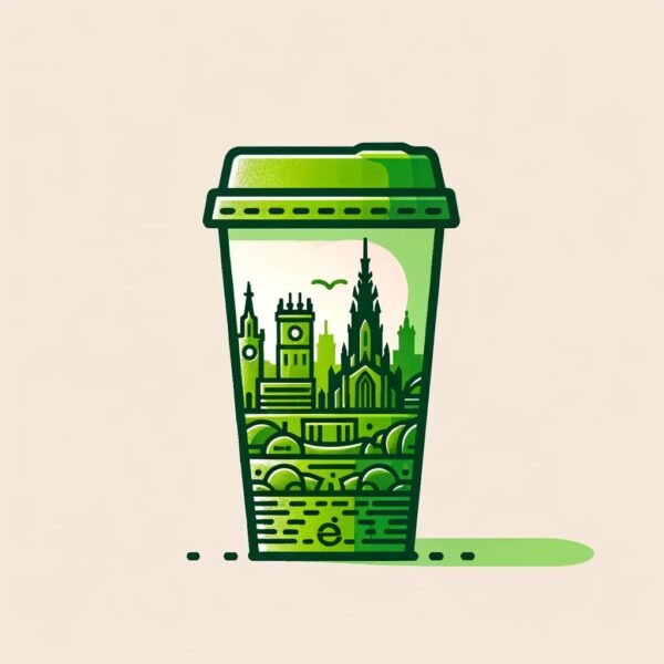 A paper cup of Matcha with a delicate dusting of green tea powder, set against the historic and picturesque cityscape of Edinburgh