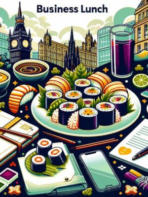 A wide banner in vector style featuring a business lunch theme, combining elements of Japanese cuisine and Edinburgh in Minami Sushi