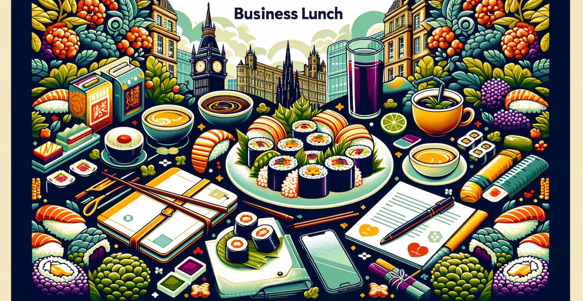 A wide banner in vector style featuring a business lunch theme, combining elements of Japanese cuisine and Edinburgh in Minami Sushi