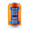 An Irn Bru can with the vibrant cityscape of Edinburgh in the background, encapsulating the essence of the iconic Scottish soda