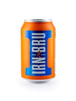 An Irn Bru can with the vibrant cityscape of Edinburgh in the background, encapsulating the essence of the iconic Scottish soda