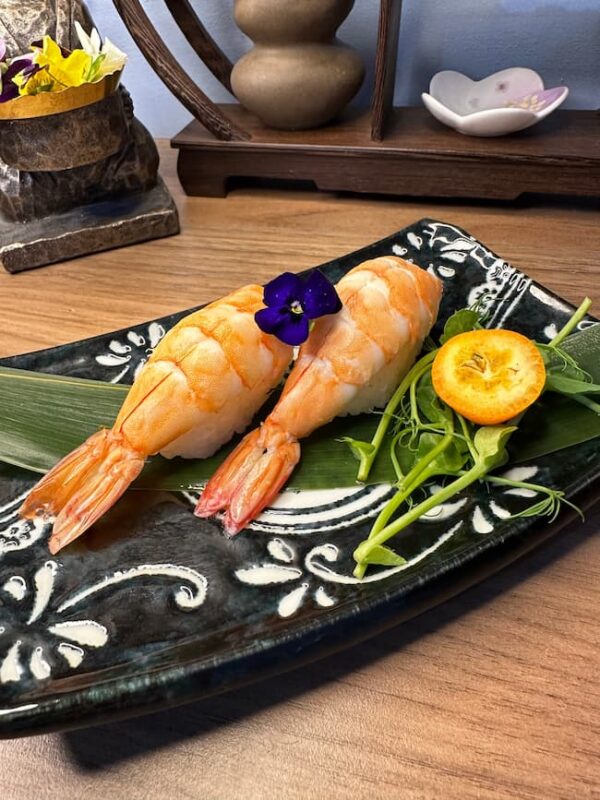 Artisanal Nigiri Shrimp sushi, a classic Edinburgh prawn delicacy, ready to savor.