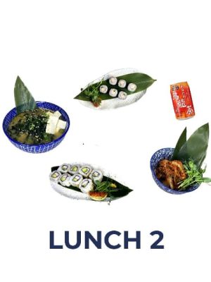 Business Lunch Deal 2 at Minami Sushi Bar featuring a selection of Avocado Rolls, assorted Maki, Miso Soup,a mixed Salad, and canned drinks