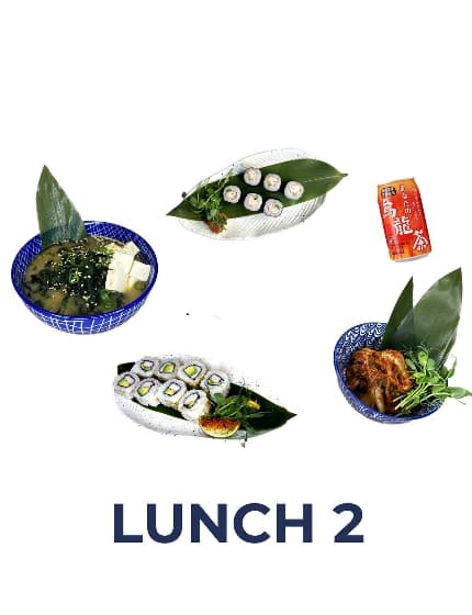 Business Lunch Deal 2 at Minami Sushi Bar featuring a selection of Avocado Rolls, assorted Maki, Miso Soup,a mixed Salad, and canned drinks