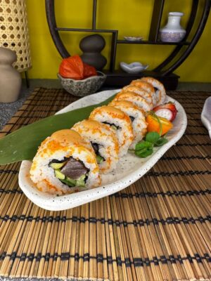 California Classic Tobiko sushi roll with avocado, tuna, and cucumber topped with orange tobiko in Edinburgh's sushi restaurant