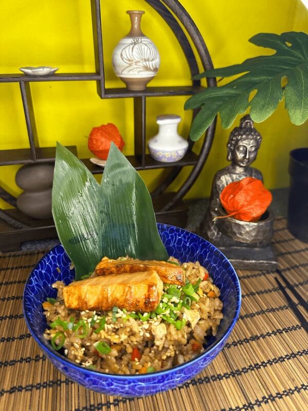 Close-up of Japanese Fried Rice with Salmon highlighting the colorful vegetable mix in Edinburgh