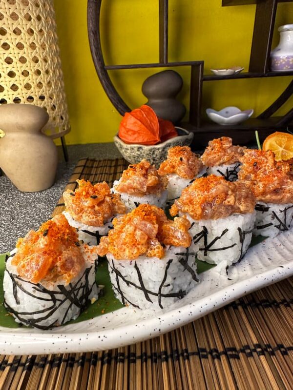 Close-up of Spicy Tuna Tartarus rolls, a 250g serving of zestful tuna and avocado, wrapped in nori in Edinburgh