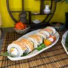 Delicate Philadelphia with Shrimp sushi roll presented on a bamboo mat, a delectable treat from Edinburgh