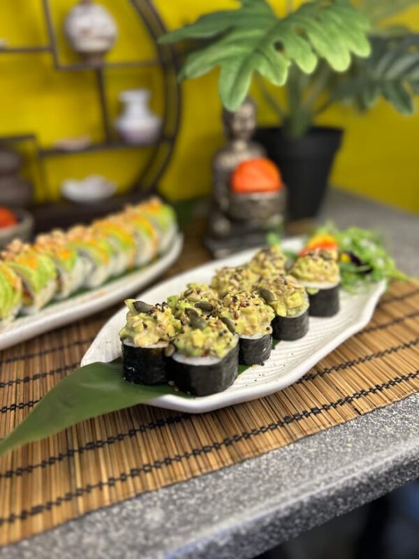 Edinburgh's Avocado Tartarus sushi, a 245g dish with creamy avocado and crisp vegetables, topped with a savory nut sauce