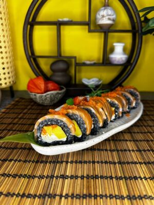 Edinburgh's Phila Mango Black sushi creation, 280g with a tropical mango twist, accompanied by creamy Philadelphia cheese