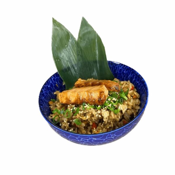 Flavorful Japanese Fried Rice with golden chunks of grilled salmon and fresh green garnishes Close-up of Japanese Fried Rice with Salmon highlighting the colorful vegetable mix in Edinburgh