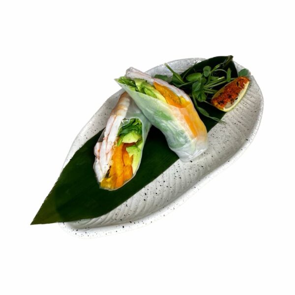 Fresh shrimp spring roll with avocado and vegetables on a white plate, Edinburgh special