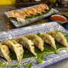 Gyoza Duck served on a leaf-patterned blue plate, Edinburgh dining