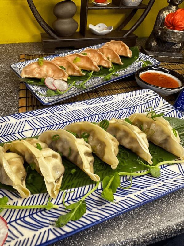 Gyoza Duck served on a leaf-patterned blue plate, Edinburgh dining