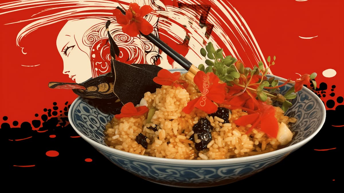 A bowl of rice with herbs and black beans sits elegantly in front of a red and white artistic background, reminiscent of Edinburgh's vibrant art scene, featuring a stylized face.