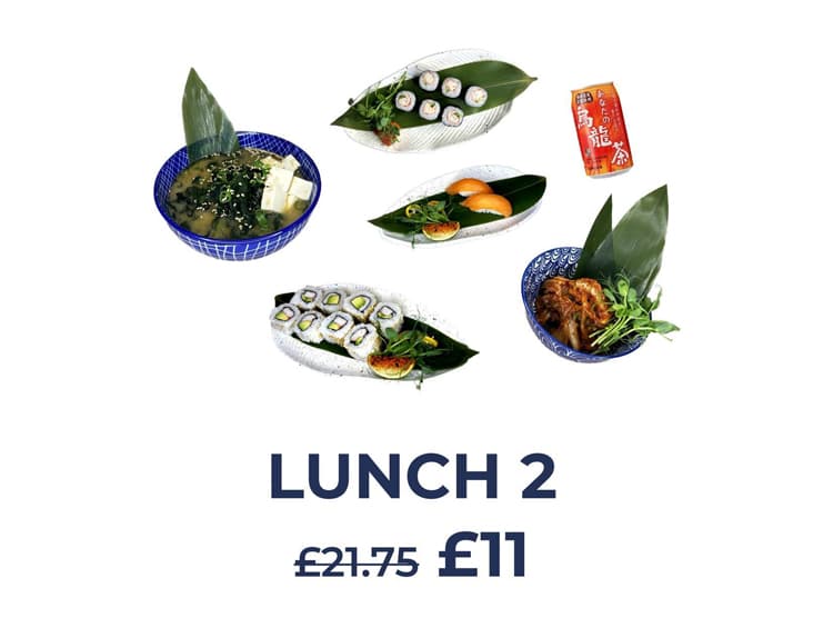 Assorted Japanese lunch set featuring sushi rolls, miso soup, salmon sashimi, and a fried dish. Includes tea and a sauce packet. Labeled "Lunch 2," it's now available at a discounted price of £11 from the original £21.75—a perfect taste of Japan in Edinburgh!