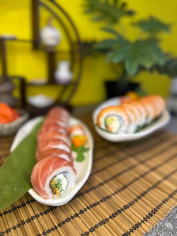 Philadelphia with Tuna sushi, 260g, with lush tuna and cream cheese on a vibrant yellow background, available in Edinburgh