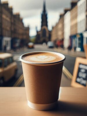 Takeaway Flat White coffee with artisanal microfoam, set against the historic backdrop of Edinburgh, capturing the essence of the city's rich coffee culture.