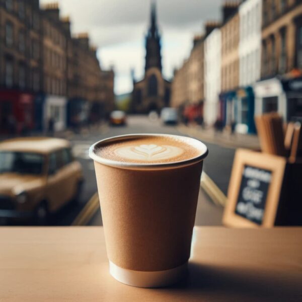 Takeaway Flat White coffee with artisanal microfoam, set against the historic backdrop of Edinburgh, capturing the essence of the city's rich coffee culture.