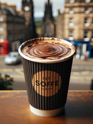 Takeaway Mocha in a paper cup with chocolate syrup swirl and cocoa dusting, offering a visual and culinary taste of Edinburgh’s coffee culture