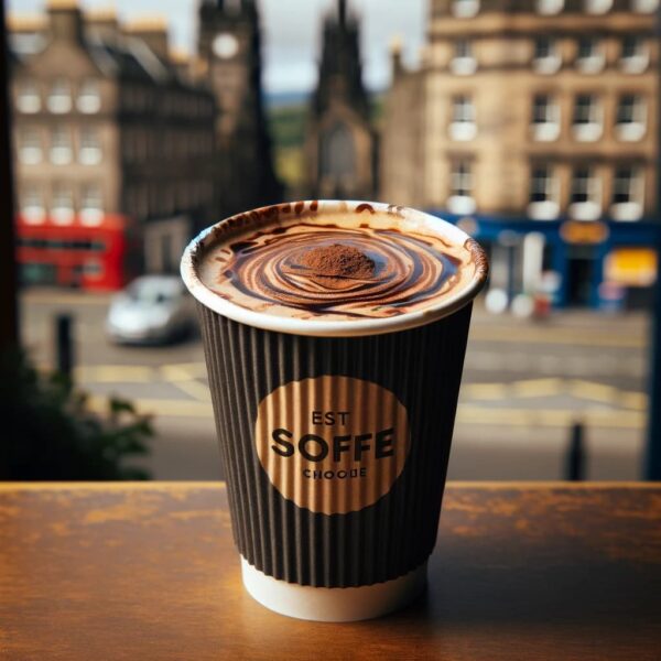 Takeaway Mocha in a paper cup with chocolate syrup swirl and cocoa dusting, offering a visual and culinary taste of Edinburgh’s coffee culture