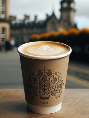 Ttakeaway paper cup of latte with beautiful froth on top, coffee color visible, placed on a table with a backdrop suggesting Edinburgh