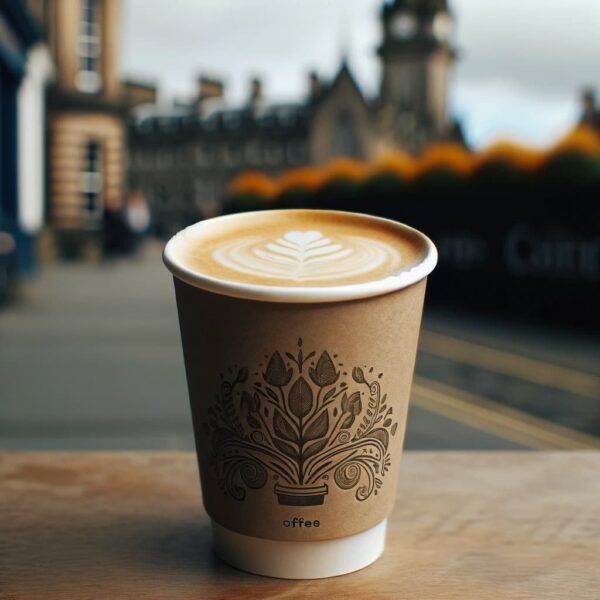 Ttakeaway paper cup of latte with beautiful froth on top, coffee color visible, placed on a table with a backdrop suggesting Edinburgh