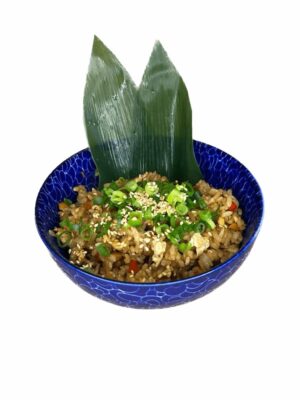 Aerial view of Vegan Japanese Fried Rice, served in a traditional blue patterned bowl, ready to enjoy