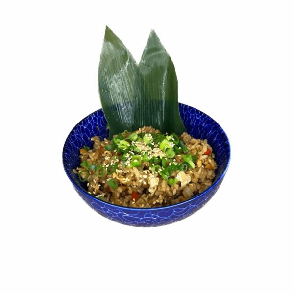 Aerial view of Vegan Japanese Fried Rice, served in a traditional blue patterned bowl, ready to enjoy