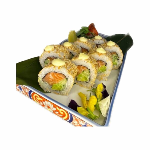 The "California Classic Sesame" sushi rolls feature salmon, avocado, and sesame seeds, elegantly presented on a decorative plate with colorful edible flowers and a green leaf, topped with mayonnaise. This dish brings a touch of Edinburgh's charm to your dining experience.