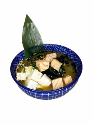 Savory Miso Soup with Salmon topped with sesame seeds and green onions - Minami Sushi Edinburgh