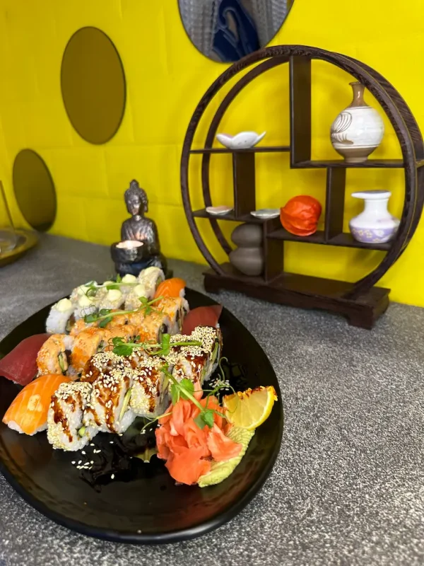 Detailed display of California Sushi Platter with salmon, tuna, and eel sushi in Edinburgh