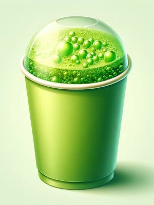 Edinburgh Fizzy Matcha in a takeaway cup, showcasing a vibrant green color with bubbles, topped with a splash of honey