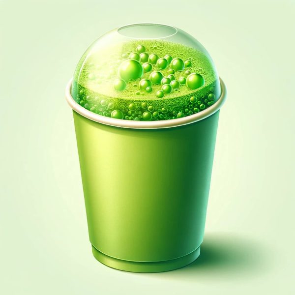 Edinburgh Fizzy Matcha in a takeaway cup, showcasing a vibrant green color with bubbles, topped with a splash of honey