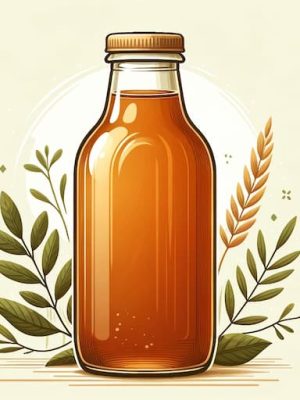 Kombucha drink in a clear glass bottle, displaying a rich amber color, symbolizing its natural and probiotic health benefits