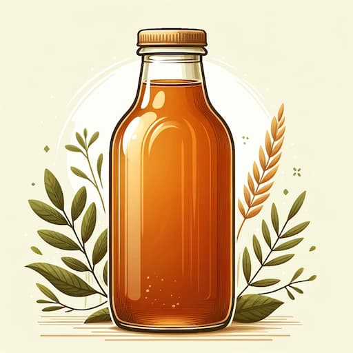 Kombucha drink in a clear glass bottle, displaying a rich amber color, symbolizing its natural and probiotic health benefits