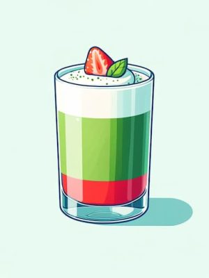 Matcha Coconut and Strawberry in a clear glass, showcasing layers of green matcha, vibrant red strawberry, and creamy white coconut milk