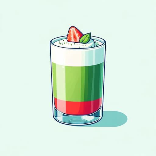 Matcha Coconut and Strawberry in a clear glass, showcasing layers of green matcha, vibrant red strawberry, and creamy white coconut milk