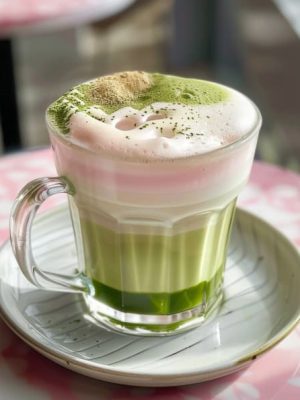 Matcha Lavender in a clear glass, showcasing the vibrant green color and layered natural ingredients