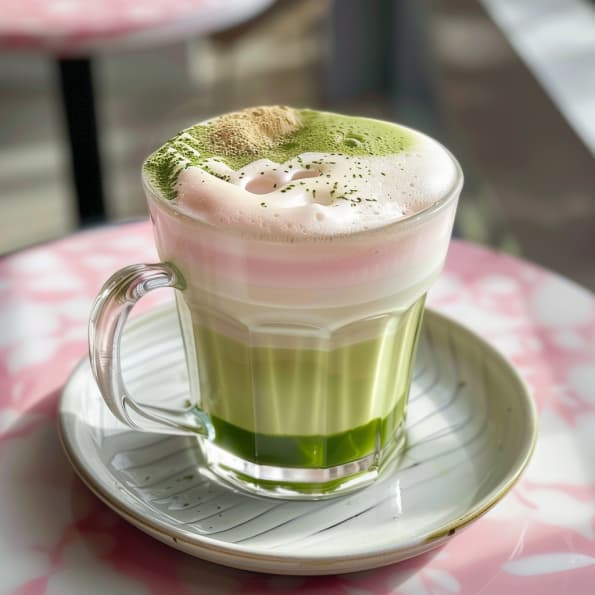 Matcha Lavender in a clear glass, showcasing the vibrant green color and layered natural ingredients