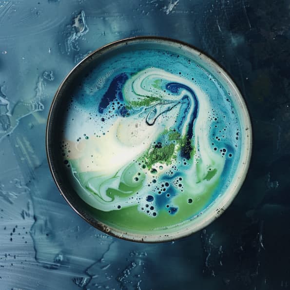 Matcha Spirulina in a clear glass, displaying the unique blue-green vibrancy of spirulina blended with traditional matcha