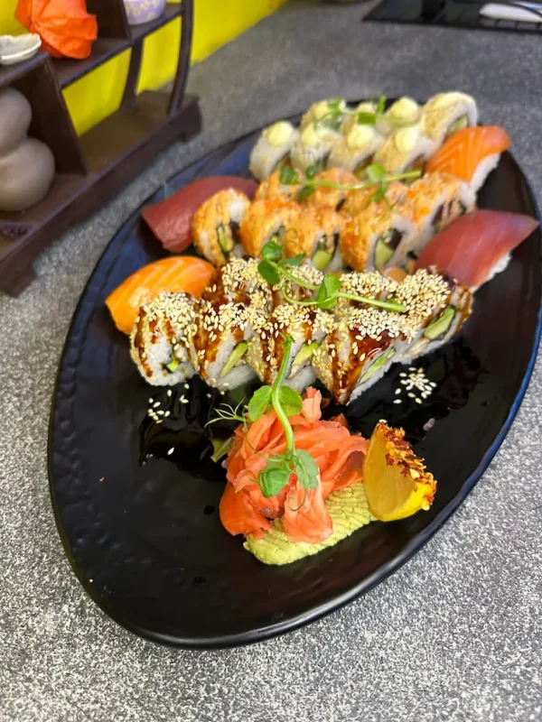 Overhead view of diverse sushi selections on California Sushi Platter, ready for serving in Edinburgh