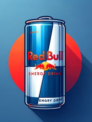 Red Bull energy drink can, displayed in vibrant blue and silver colors, symbolizing a burst of energy