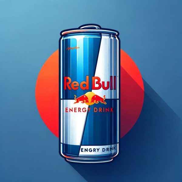 Red Bull energy drink can, displayed in vibrant blue and silver colors, symbolizing a burst of energy