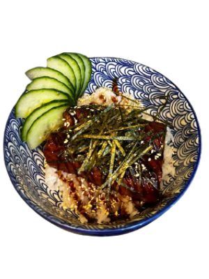 Close-up of Unadon showcasing the grilled eel and sesame seeds