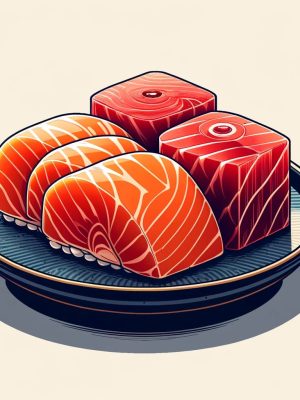 Vector-style image of Salmon and Tuna Sashimi on a delicate plate, showcasing vibrant orange salmon and deep red tuna slices